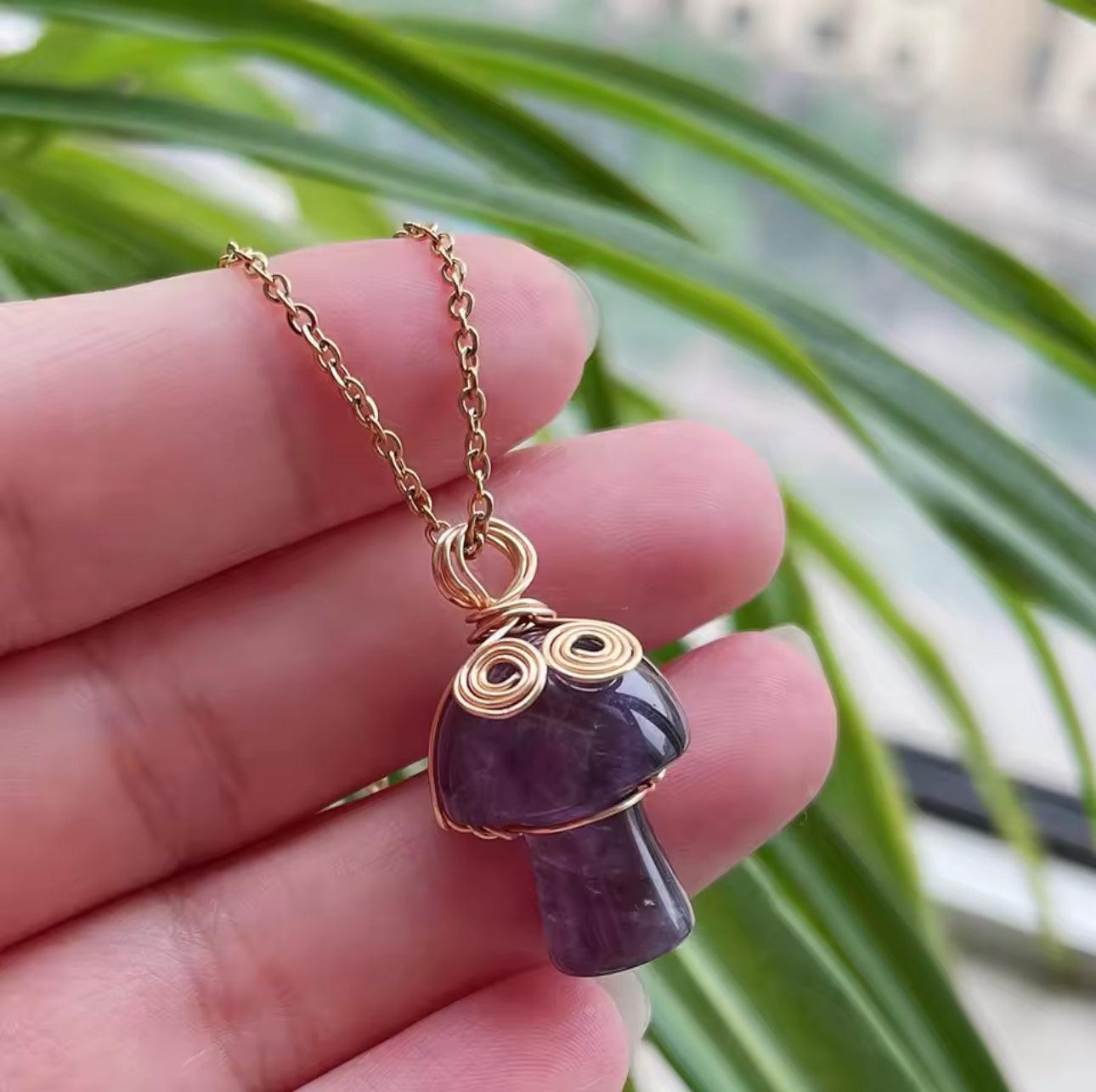 Crystal Mushroom Necklace – Wrapped Gemstone Pendant for Energy & Intention