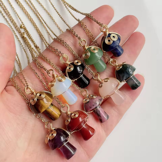 Crystal Mushroom Necklace – Wrapped Gemstone Pendant for Energy & Intention