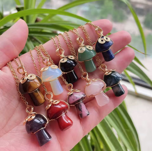 Crystal Mushroom Necklace – Wrapped Gemstone Pendant for Energy & Intention