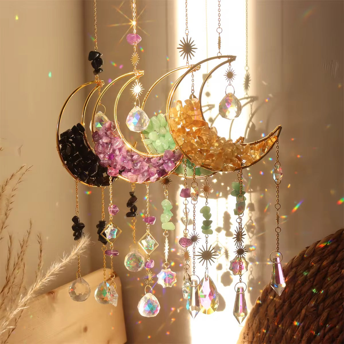 Crystal Moon Suncatcher – Gemstone Hanging Wall & Window Décor for Light & Energy