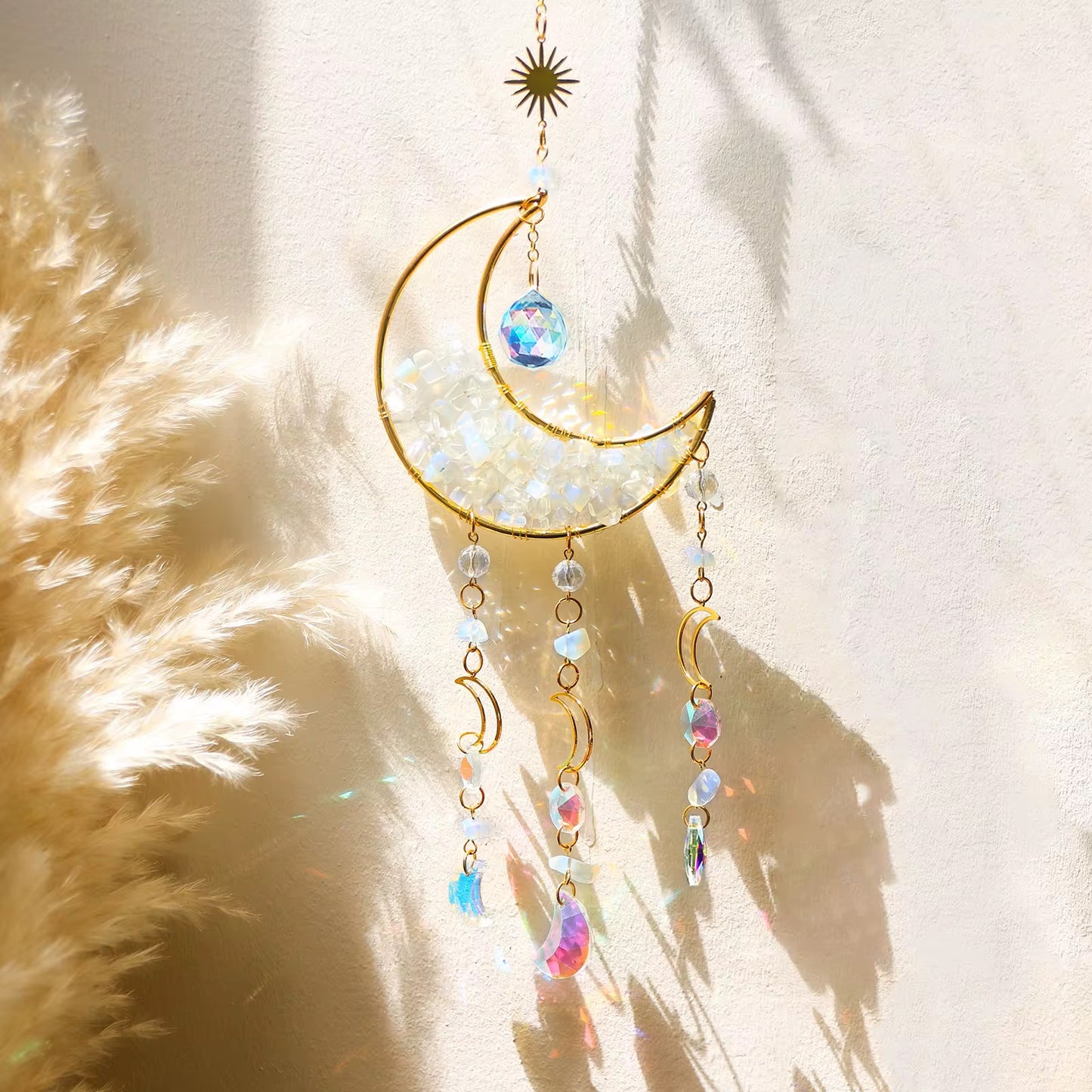 Crystal Moon Suncatcher – Gemstone Hanging Wall & Window Décor for Light & Energy