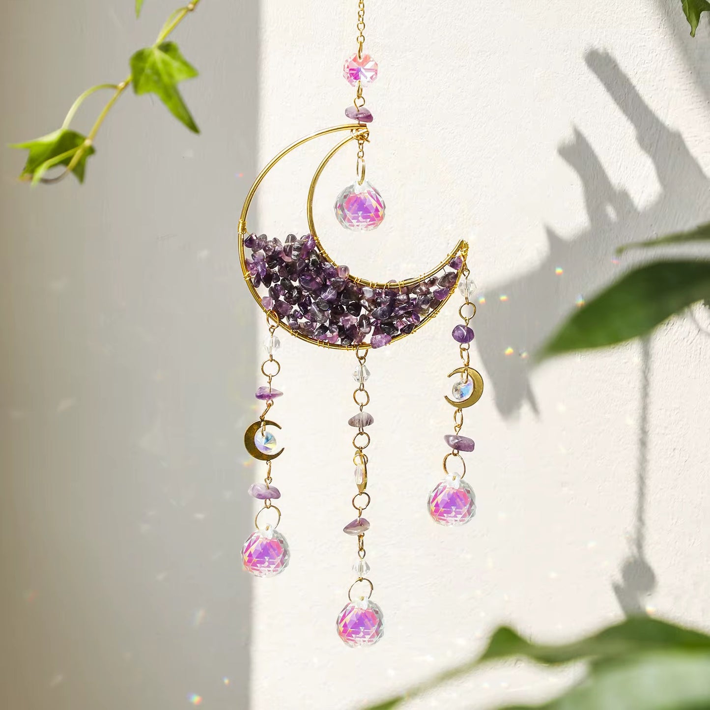 Crystal Moon Suncatcher – Gemstone Hanging Wall & Window Décor for Light & Energy