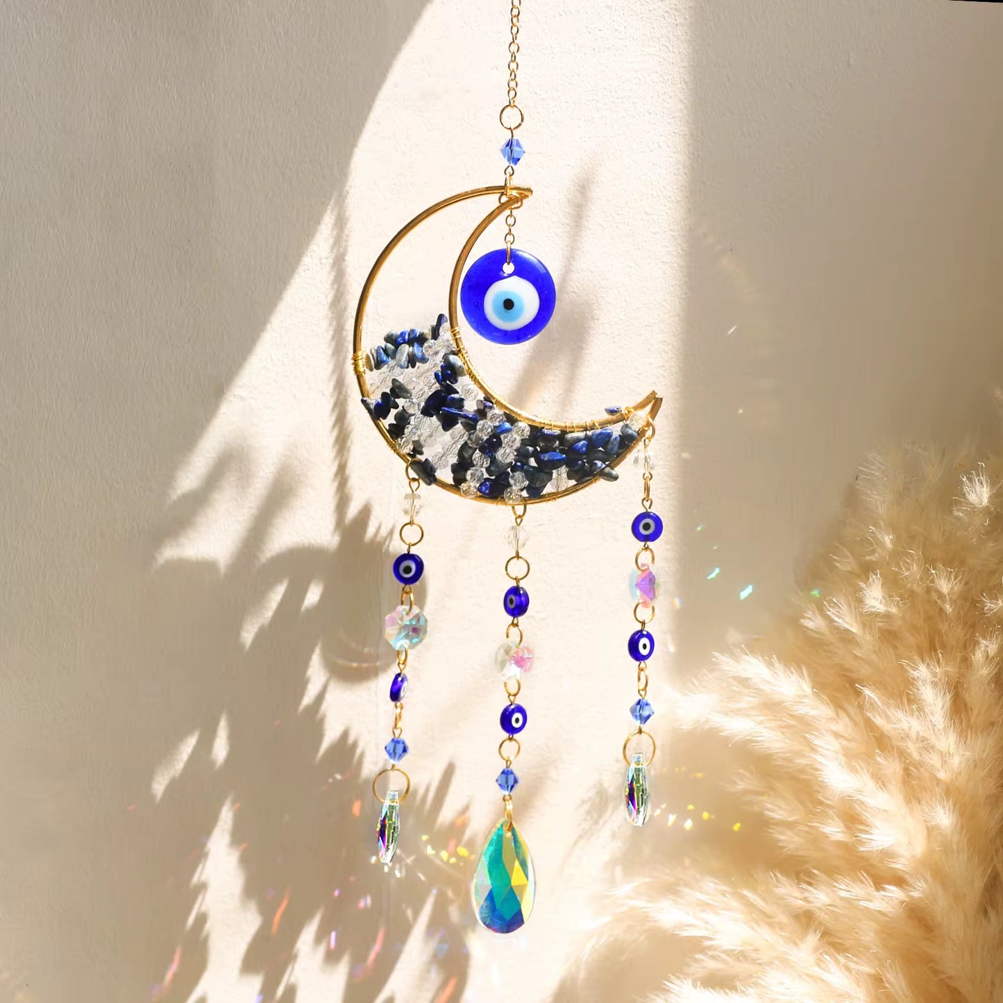 Crystal Moon Suncatcher – Gemstone Hanging Wall & Window Décor for Light & Energy