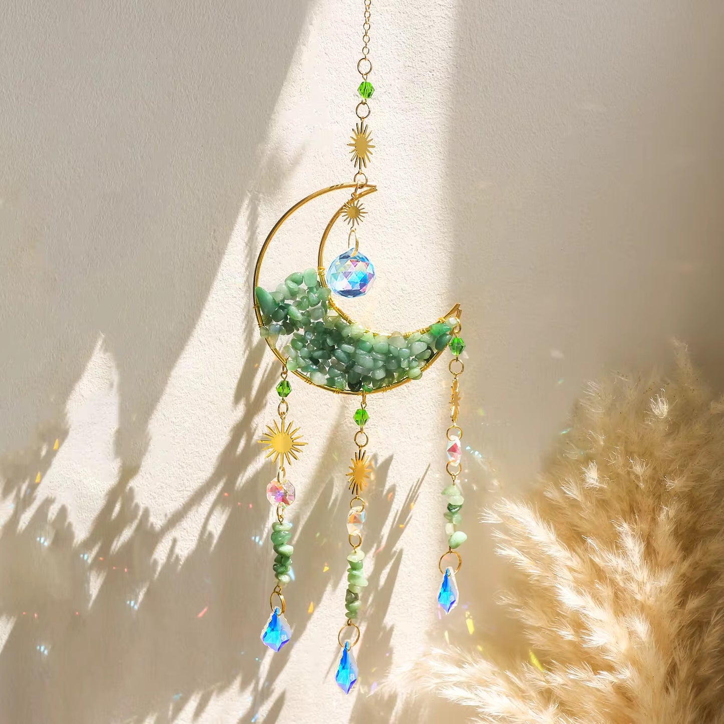 Crystal Moon Suncatcher – Gemstone Hanging Wall & Window Décor for Light & Energy