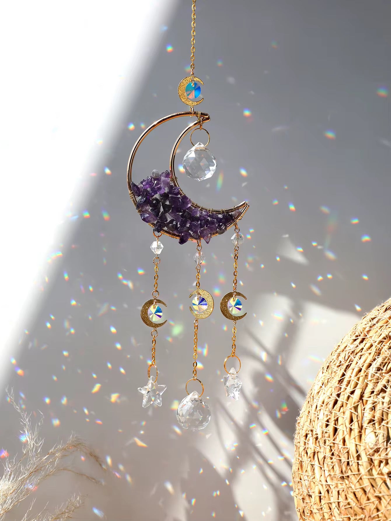 Crystal Moon Suncatcher – Gemstone Hanging Wall & Window Décor for Light & Energy