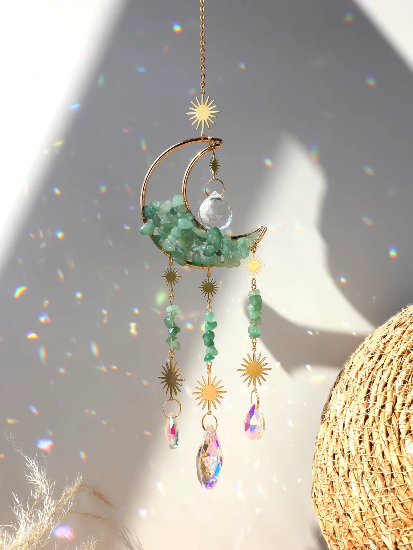 Crystal Moon Suncatcher – Gemstone Hanging Wall & Window Décor for Light & Energy