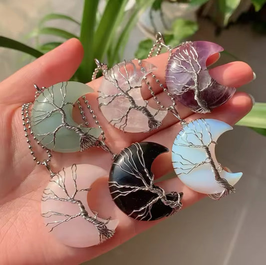 Tree of Life Crescent Moon Crystal Necklace – Healing Gemstone Pendant