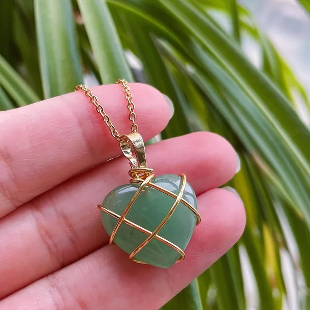 Gold Wire Wrapped Caged Crystal Heart Necklace