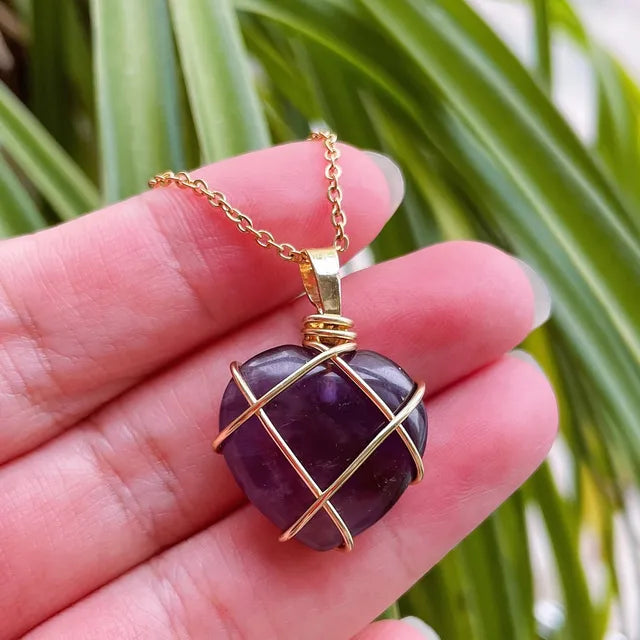 Gold Wire Wrapped Caged Crystal Heart Necklace